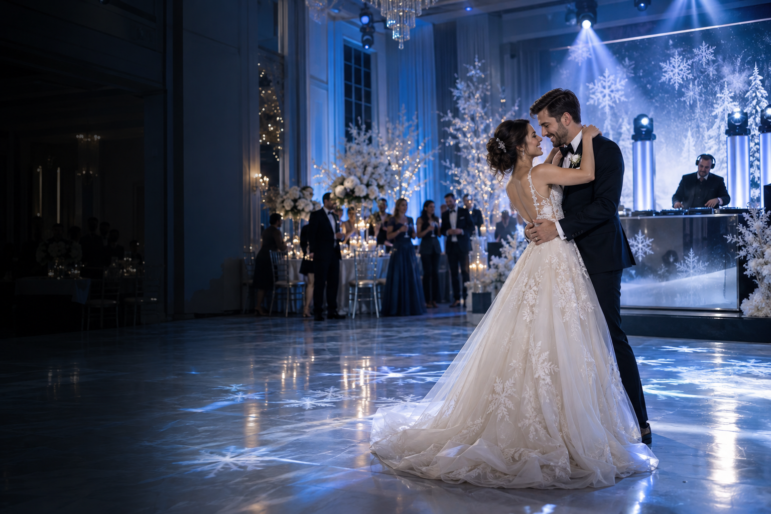 DJ, mariés et lumière moderne lors d’un mariage hivernal