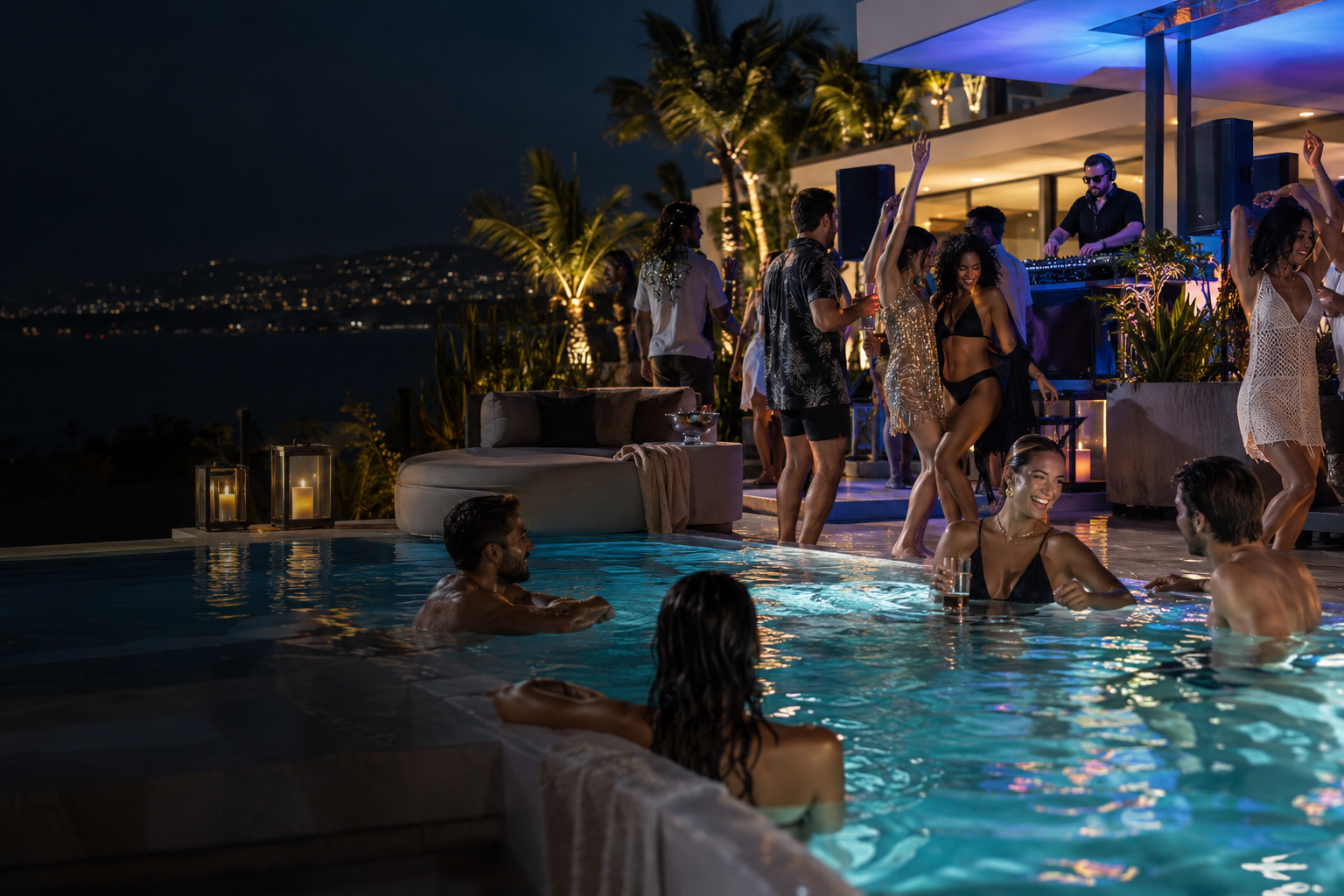 DJ et adultes lors d’une soirée au bord d’une piscine